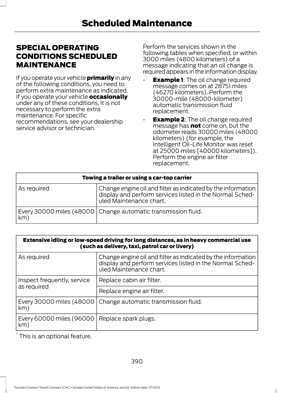 Special operating conditions scheduled maintenance, Special operating conditions scheduled, Maintenance | Scheduled maintenance | FORD 2014 Transit Connect v.3 User Manual | Page 393 / 411