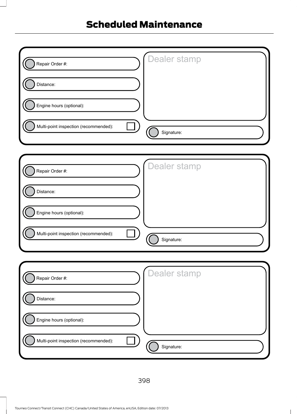 Dealer stamp, Scheduled maintenance | FORD 2014 Transit Connect v.3 User Manual | Page 401 / 411