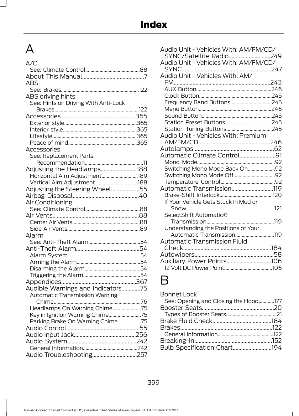 Index | FORD 2014 Transit Connect v.3 User Manual | Page 402 / 411