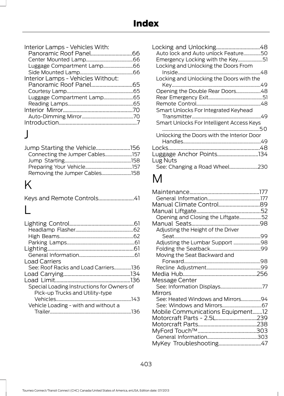 Index | FORD 2014 Transit Connect v.3 User Manual | Page 406 / 411