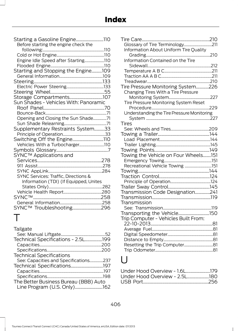 Index | FORD 2014 Transit Connect v.3 User Manual | Page 409 / 411