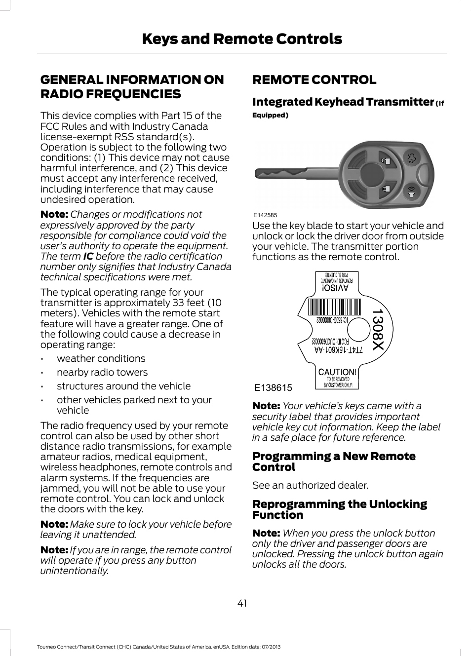 Keys and remote controls, General information on radio frequencies, Remote control | General information on radio, Frequencies | FORD 2014 Transit Connect v.3 User Manual | Page 44 / 411