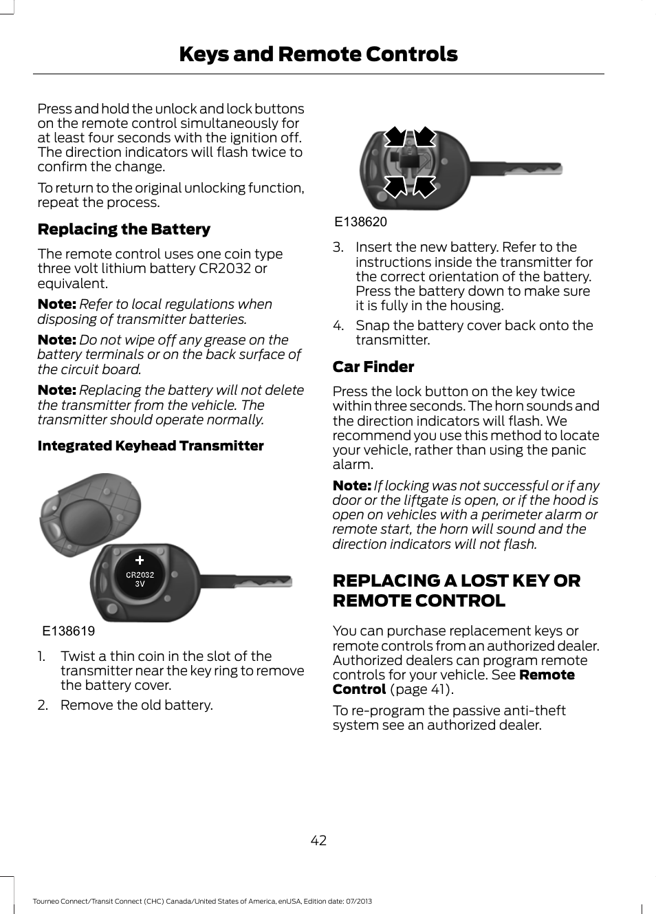 Replacing a lost key or remote control, Replacing a lost key or remote, Control | Keys and remote controls | FORD 2014 Transit Connect v.3 User Manual | Page 45 / 411
