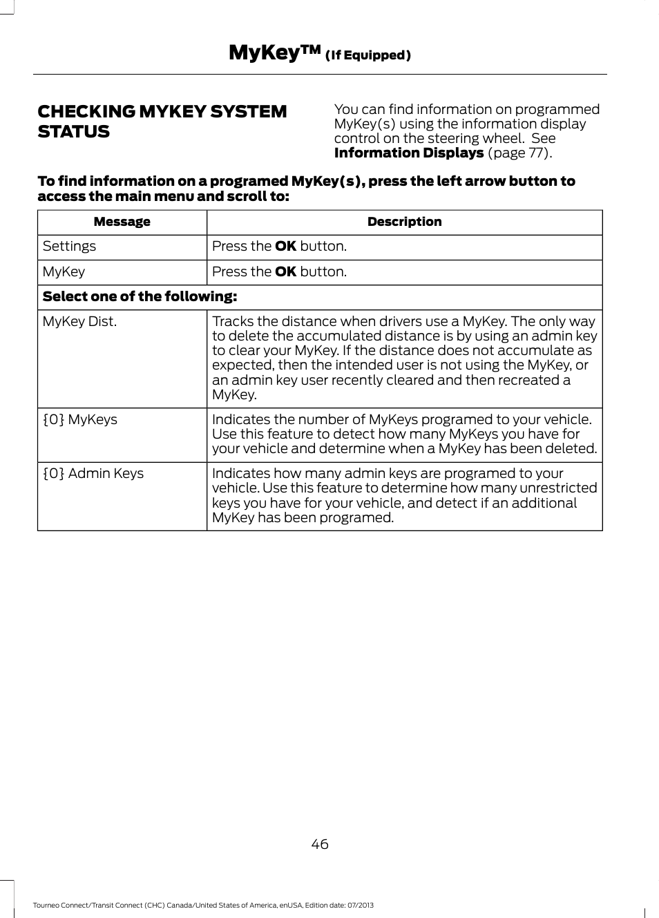 Checking mykey system status, Mykey | FORD 2014 Transit Connect v.3 User Manual | Page 49 / 411