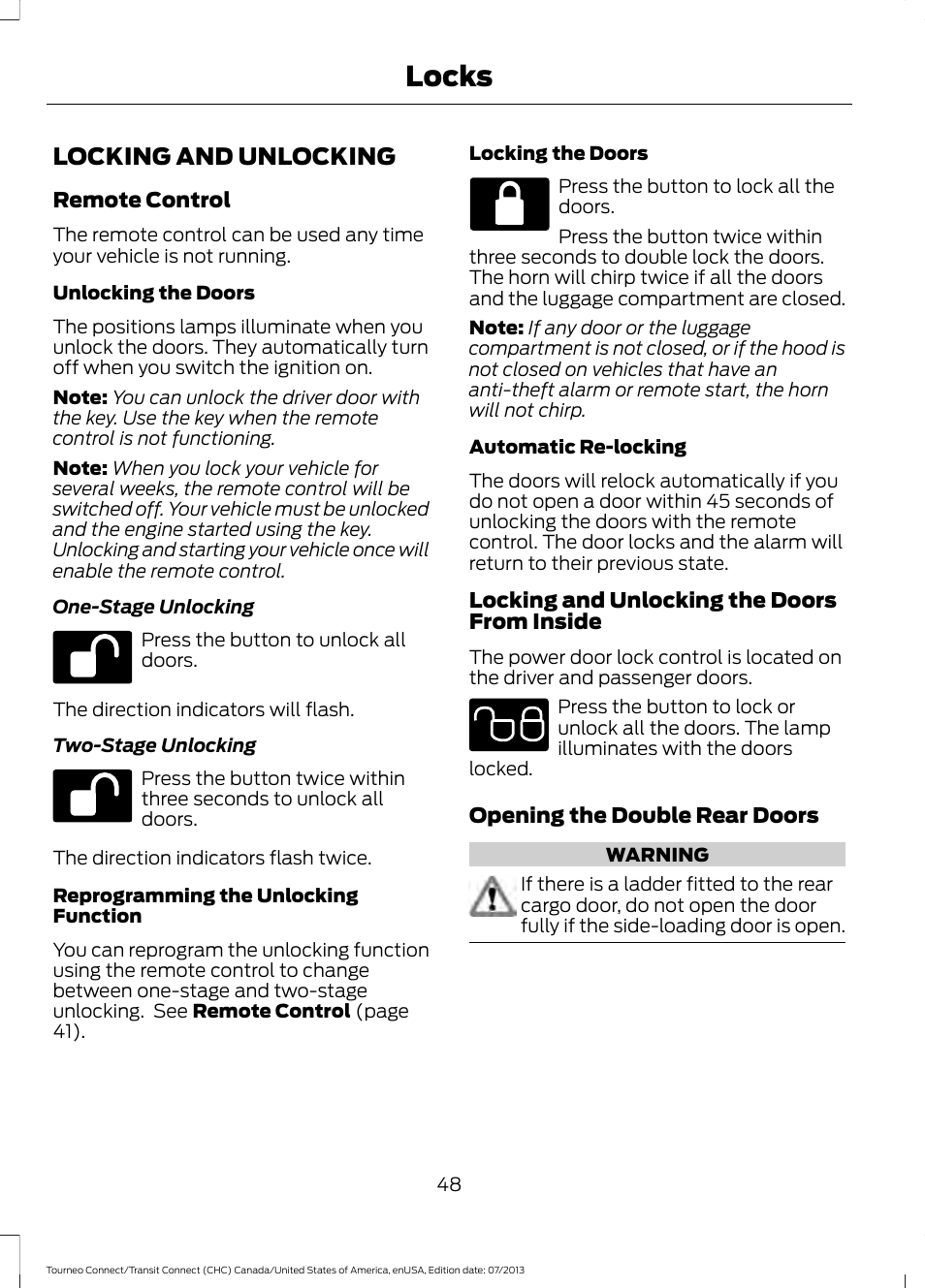 Locks, Locking and unlocking | FORD 2014 Transit Connect v.3 User Manual | Page 51 / 411