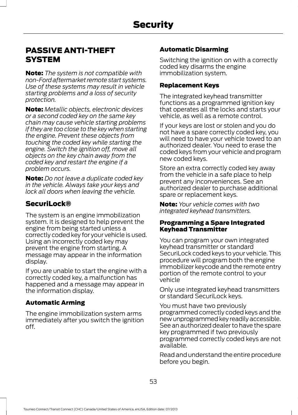 Security, Passive anti-theft system | FORD 2014 Transit Connect v.3 User Manual | Page 56 / 411