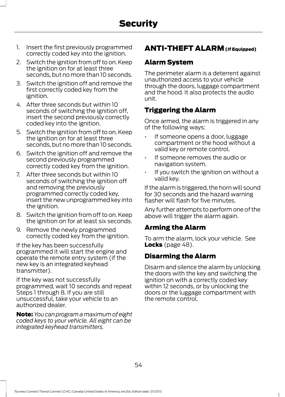 Anti-theft alarm, Security | FORD 2014 Transit Connect v.3 User Manual | Page 57 / 411