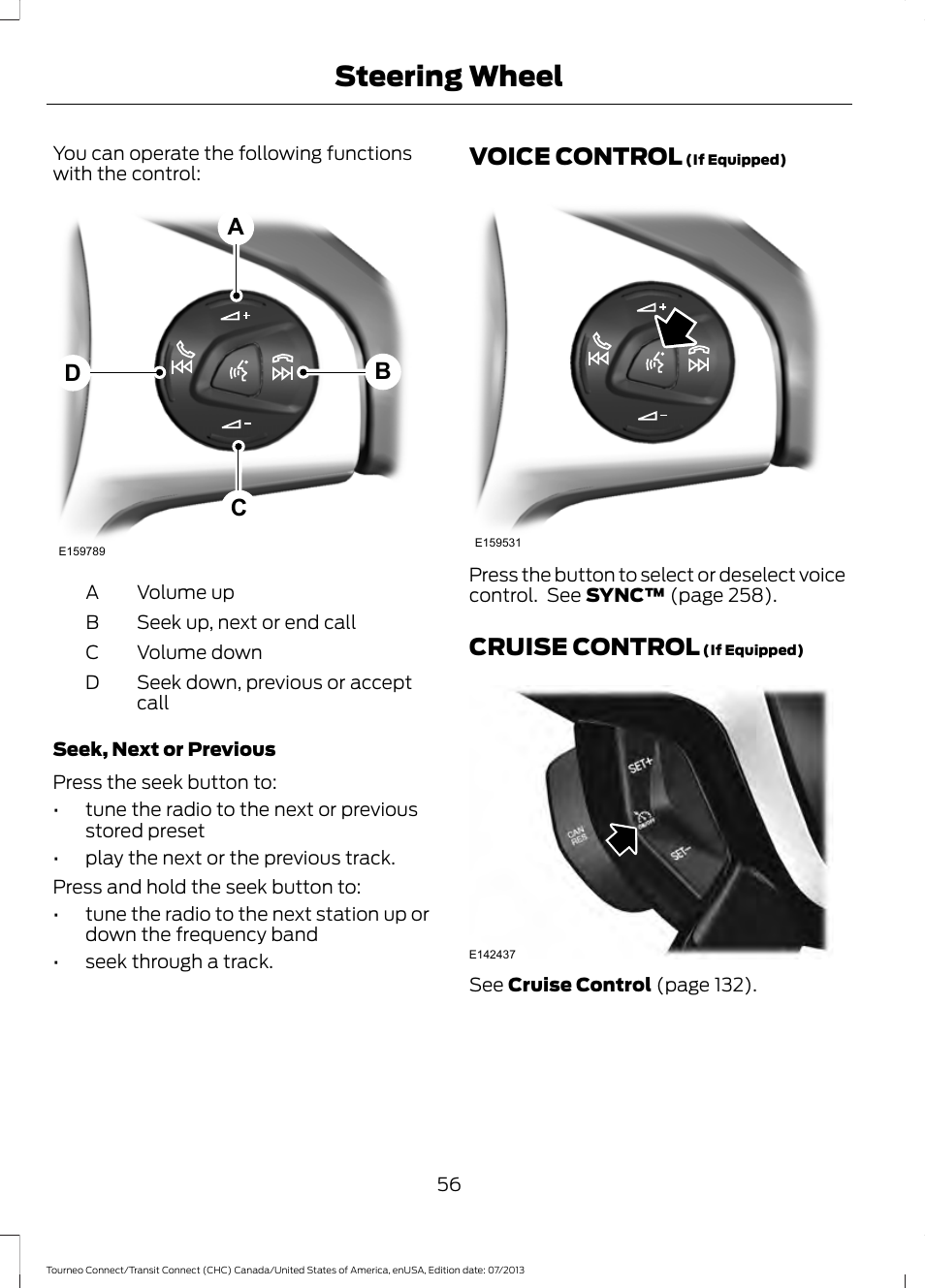 Voice control, Cruise control, Voice control cruise control | Steering wheel, Ab c d | FORD 2014 Transit Connect v.3 User Manual | Page 59 / 411