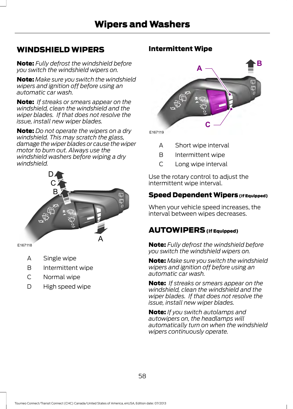 Wipers and washers, Windshield wipers, Autowipers | Windshield wipers autowipers, Dc a b, Ca b | FORD 2014 Transit Connect v.3 User Manual | Page 61 / 411