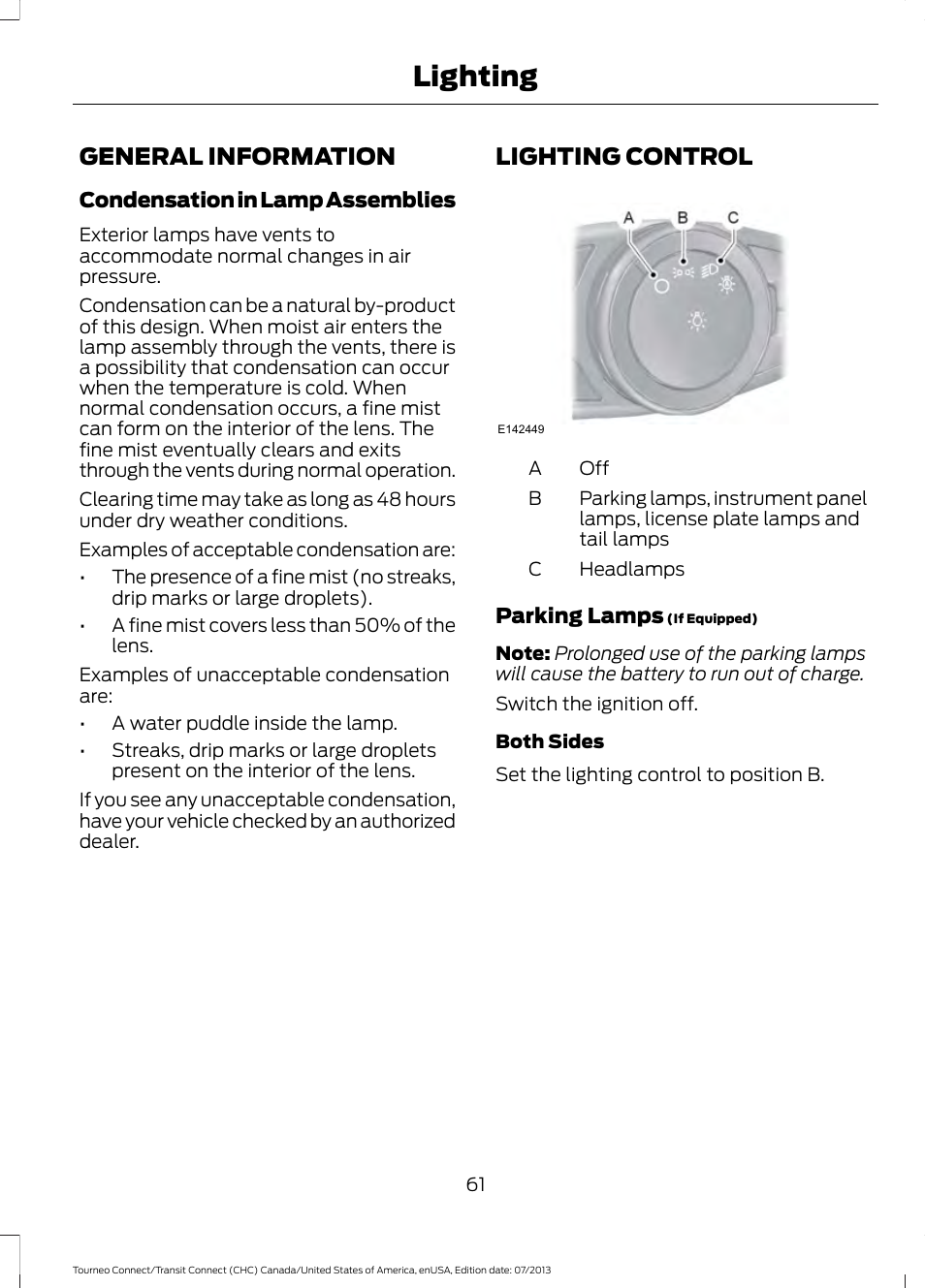 Lighting, General information, Lighting control | General information lighting control | FORD 2014 Transit Connect v.3 User Manual | Page 64 / 411