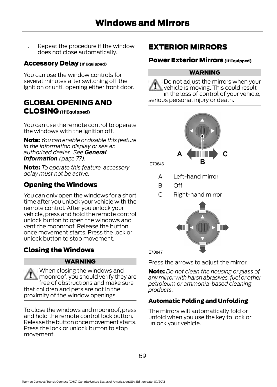 Global opening and closing, Exterior mirrors, Global opening and closing exterior mirrors | Windows and mirrors, Ac b | FORD 2014 Transit Connect v.3 User Manual | Page 72 / 411