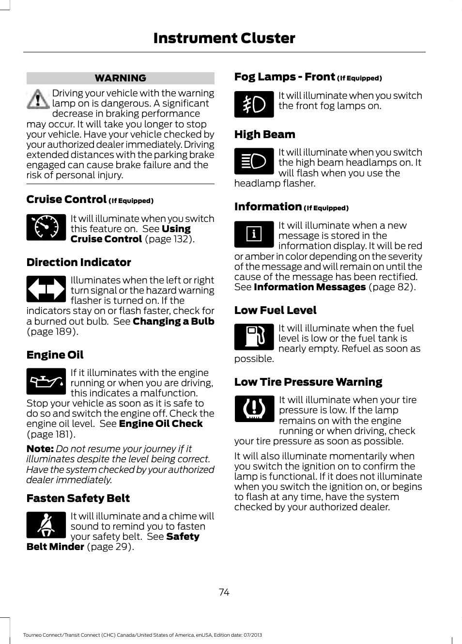 Instrument cluster | FORD 2014 Transit Connect v.3 User Manual | Page 77 / 411