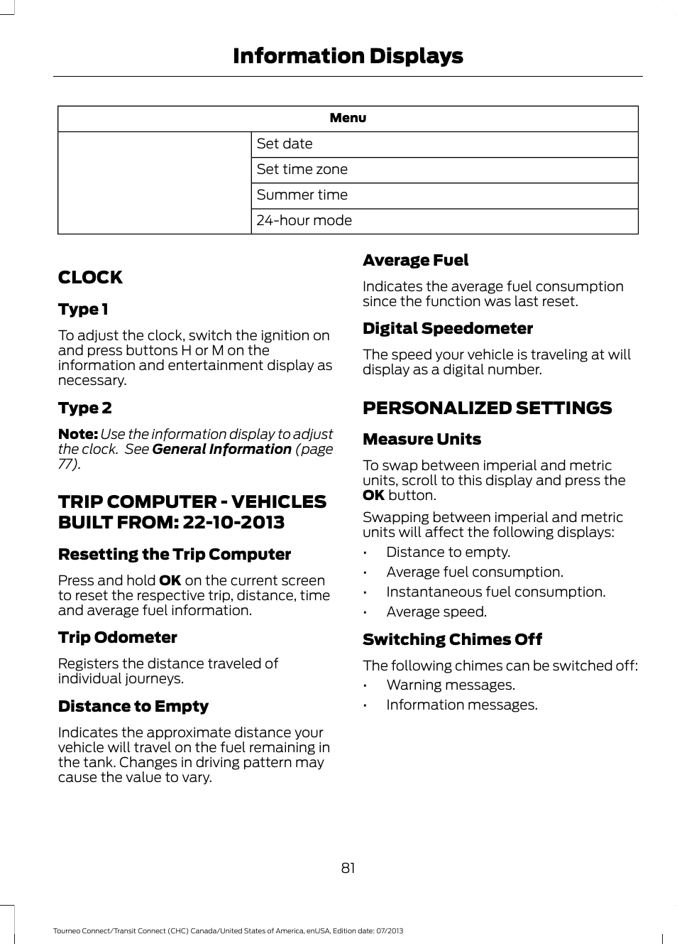 Clock, Trip computer, Personalized settings | Clock trip computer - vehicles built from, Information displays | FORD 2014 Transit Connect v.3 User Manual | Page 84 / 411