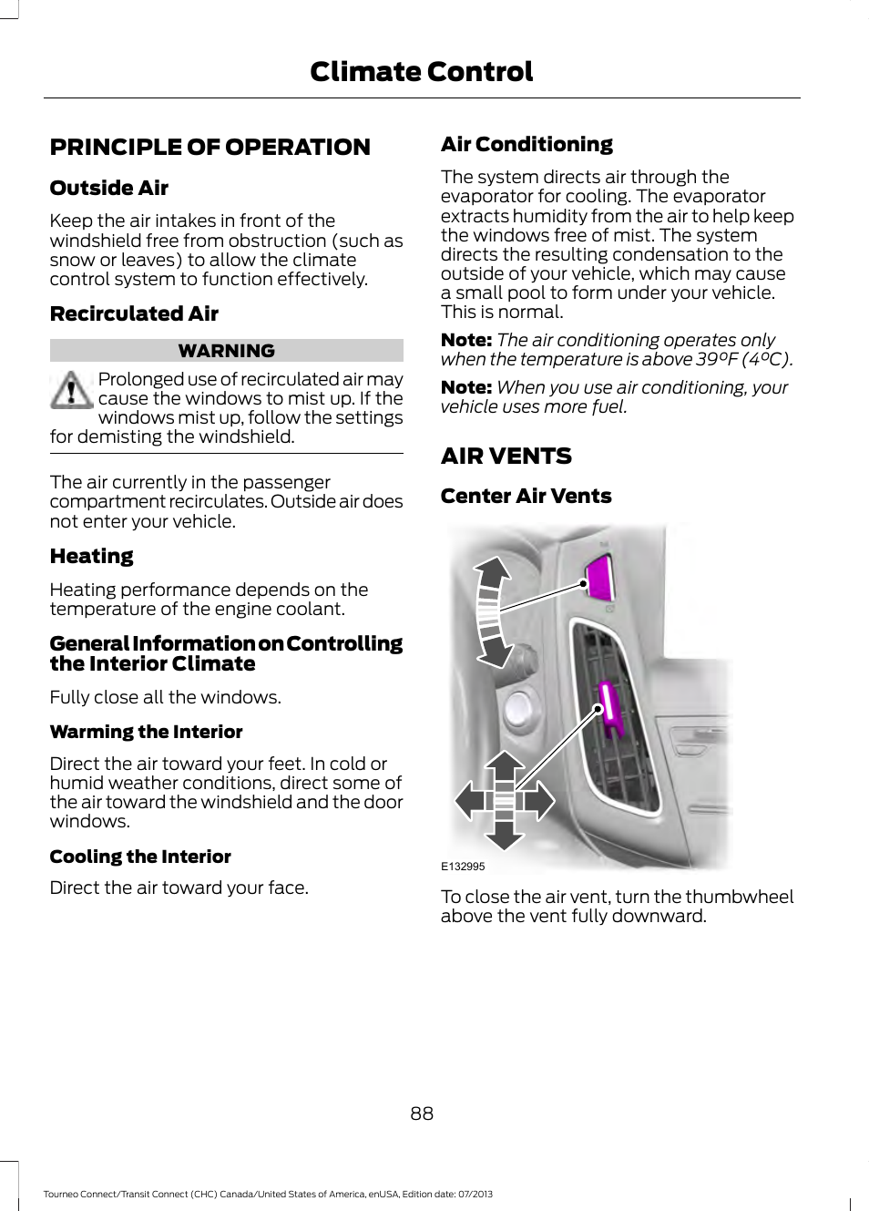 Climate control, Principle of operation, Air vents | FORD 2014 Transit Connect v.3 User Manual | Page 91 / 411