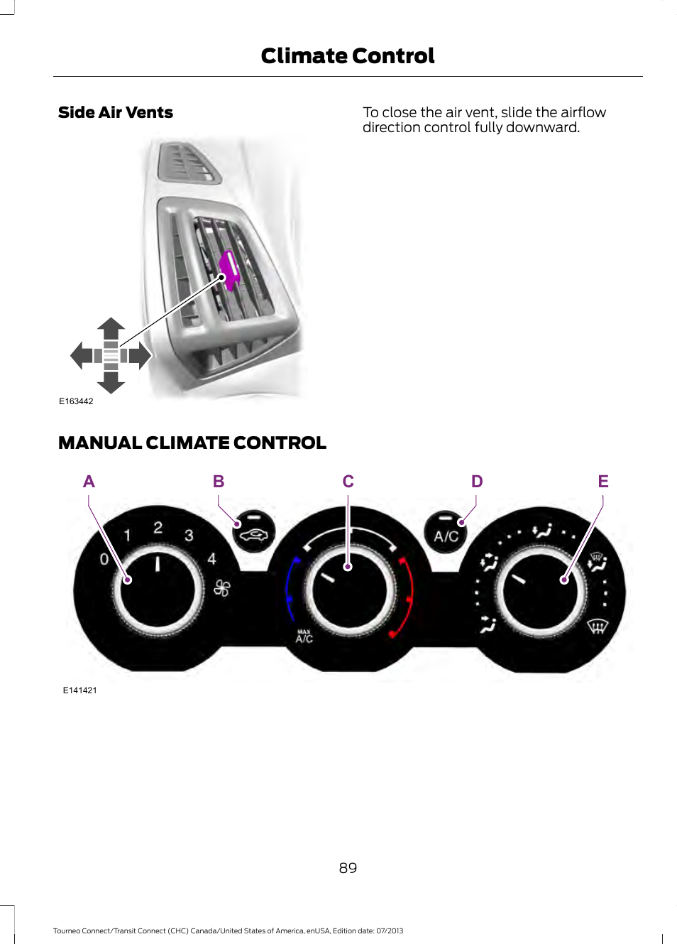 Manual climate control, Climate control, Ae b d c | FORD 2014 Transit Connect v.3 User Manual | Page 92 / 411