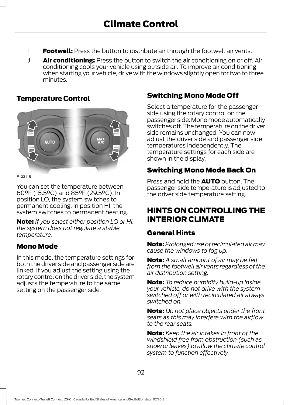Hints on controlling the interior climate, Hints on controlling the interior, Climate | Climate control | FORD 2014 Transit Connect v.3 User Manual | Page 95 / 411