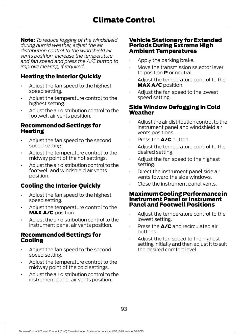 Climate control | FORD 2014 Transit Connect v.3 User Manual | Page 96 / 411