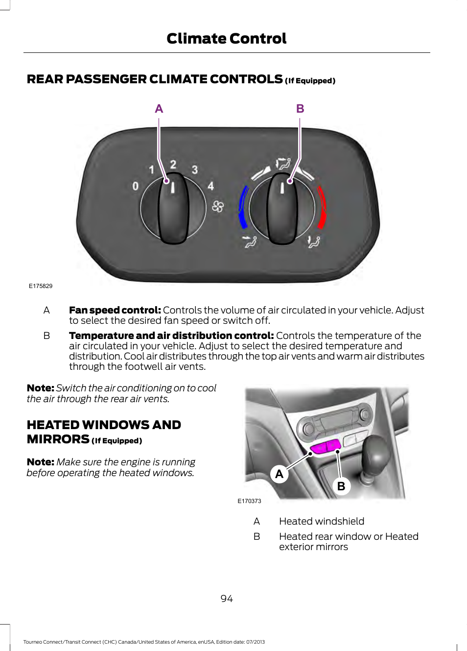 Rear passenger climate controls, Heated windows and mirrors, Climate control | FORD 2014 Transit Connect v.3 User Manual | Page 97 / 411