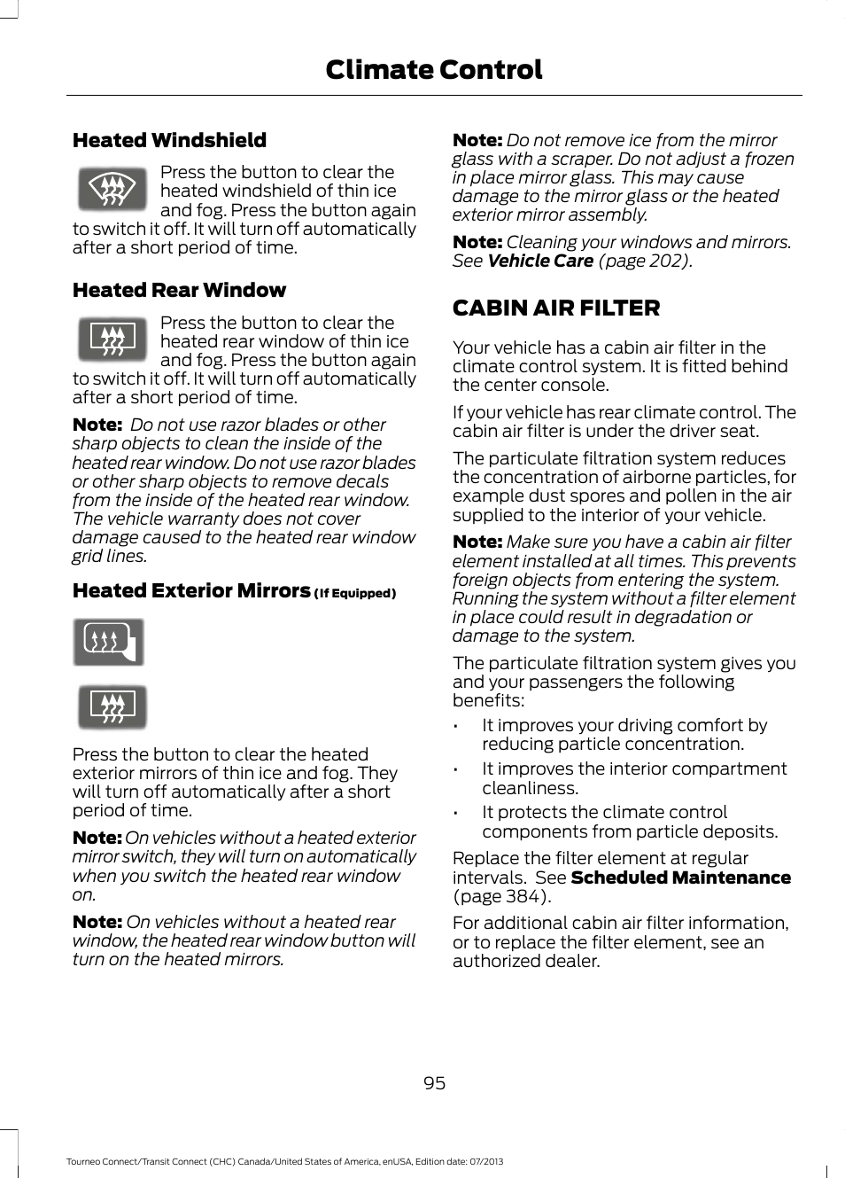 Cabin air filter, Climate control | FORD 2014 Transit Connect v.3 User Manual | Page 98 / 411