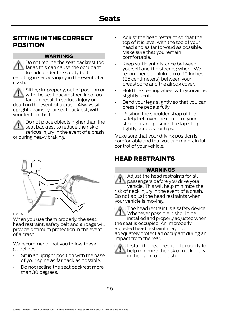 Seats, Sitting in the correct position, Head restraints | Sitting in the correct position head restraints | FORD 2014 Transit Connect v.3 User Manual | Page 99 / 411