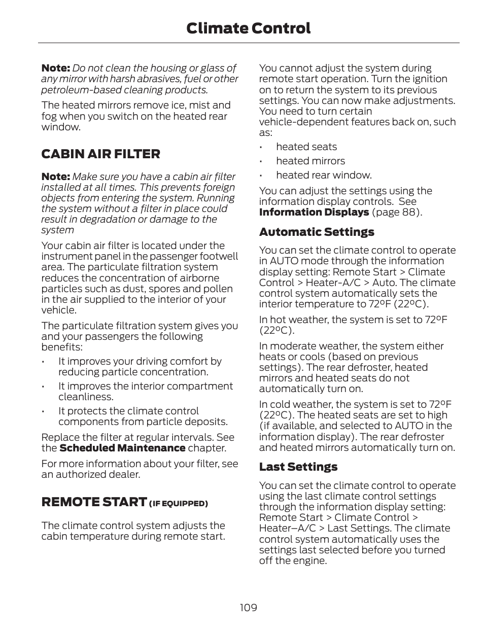 Climate control, Cabin air filter, Remote start | FORD 2013 C-MAX Hybrid v.1 User Manual | Page 112 / 446