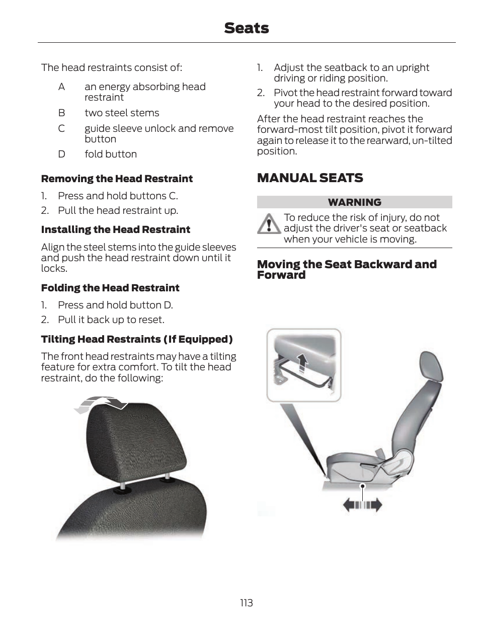 Seats, Manual seats | FORD 2013 C-MAX Hybrid v.1 User Manual | Page 116 / 446