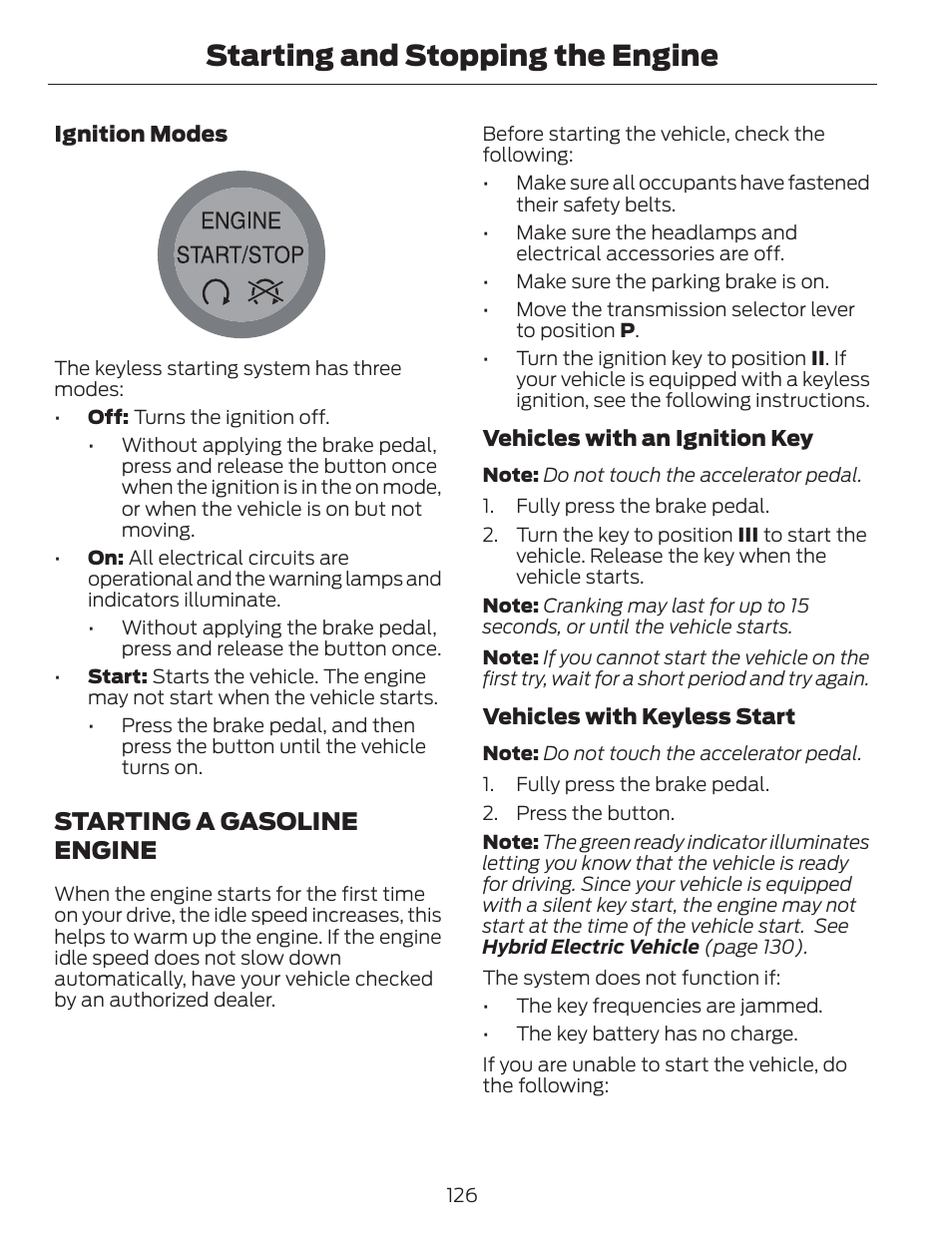 Starting and stopping the engine, Starting a gasoline engine | FORD 2013 C-MAX Hybrid v.1 User Manual | Page 129 / 446