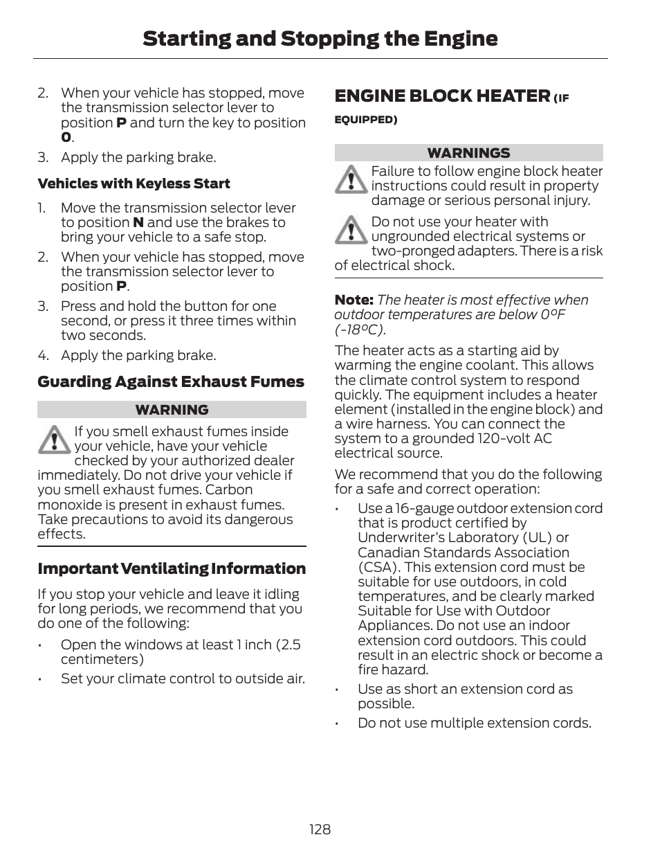 Starting and stopping the engine, Engine block heater | FORD 2013 C-MAX Hybrid v.1 User Manual | Page 131 / 446