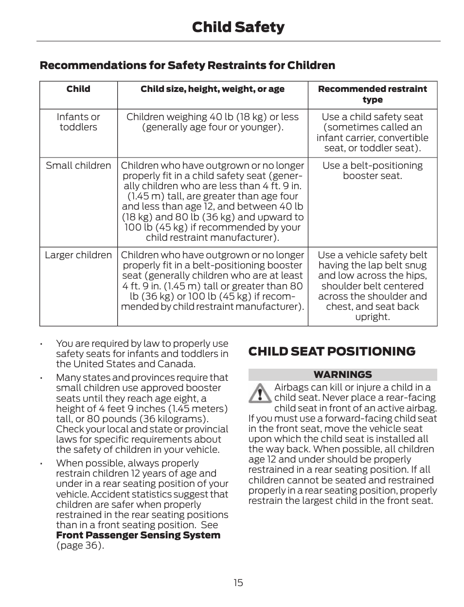 Child safety, Child seat positioning | FORD 2013 C-MAX Hybrid v.1 User Manual | Page 18 / 446