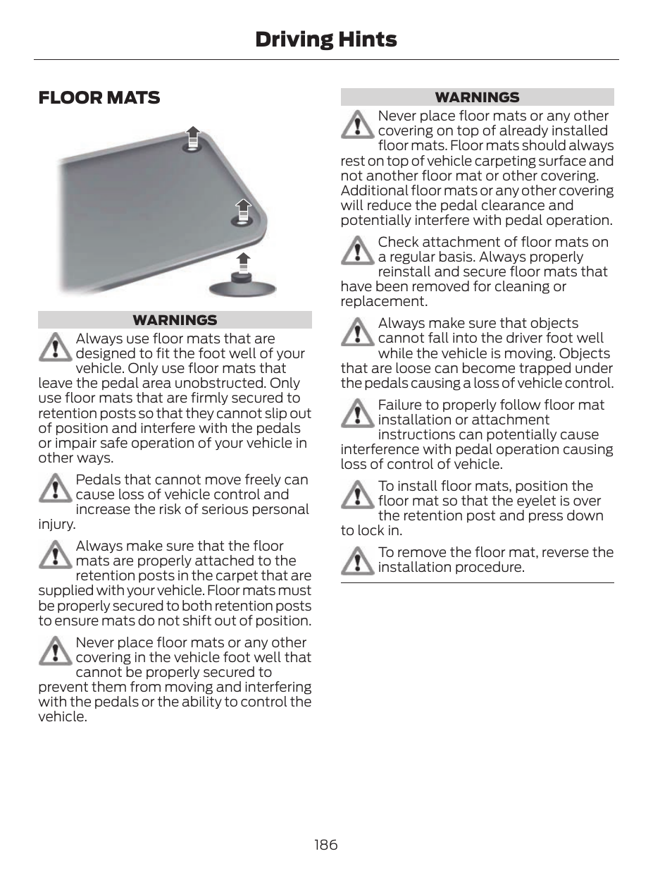 Driving hints, Floor mats | FORD 2013 C-MAX Hybrid v.1 User Manual | Page 189 / 446