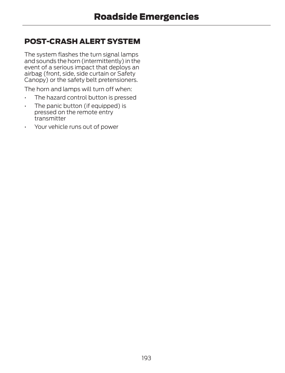 Roadside emergencies, Post-crash alert system | FORD 2013 C-MAX Hybrid v.1 User Manual | Page 196 / 446