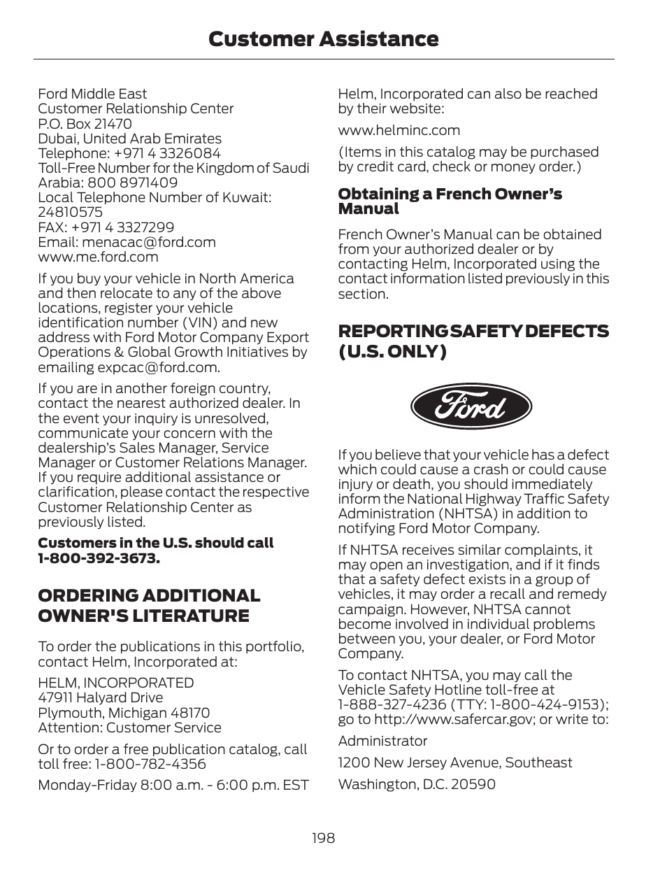 Customer assistance, Ordering additional owner's literature, Reporting safety defects (u.s. only) | FORD 2013 C-MAX Hybrid v.1 User Manual | Page 201 / 446