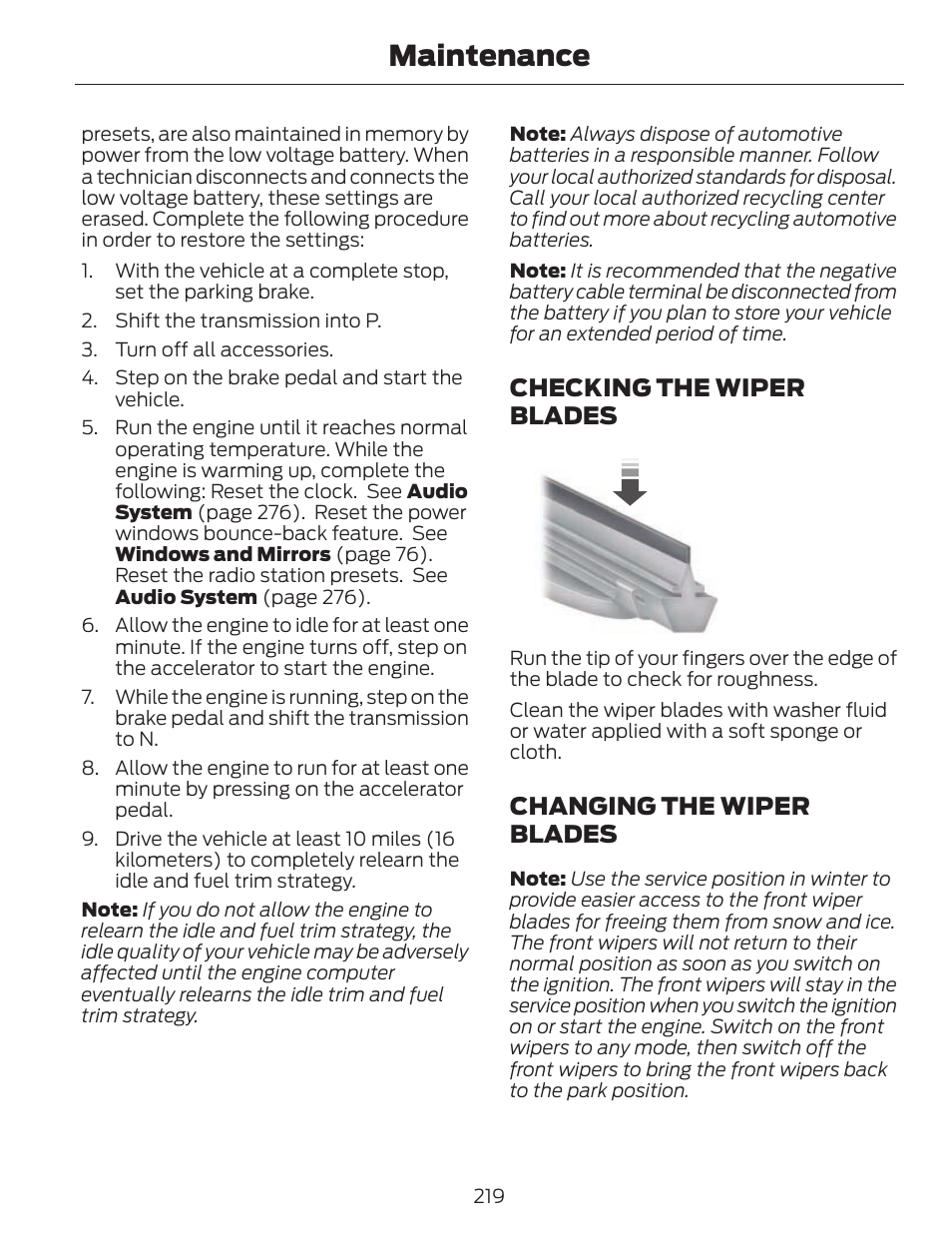 Maintenance, Checking the wiper blades, Changing the wiper blades | FORD 2013 C-MAX Hybrid v.1 User Manual | Page 222 / 446