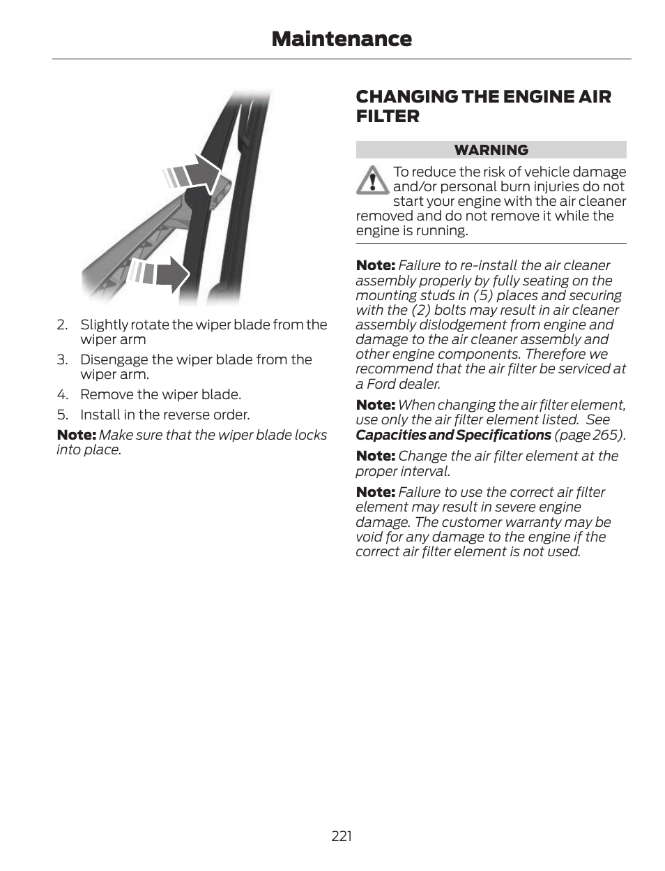 Maintenance, Changing the engine air filter | FORD 2013 C-MAX Hybrid v.1 User Manual | Page 224 / 446