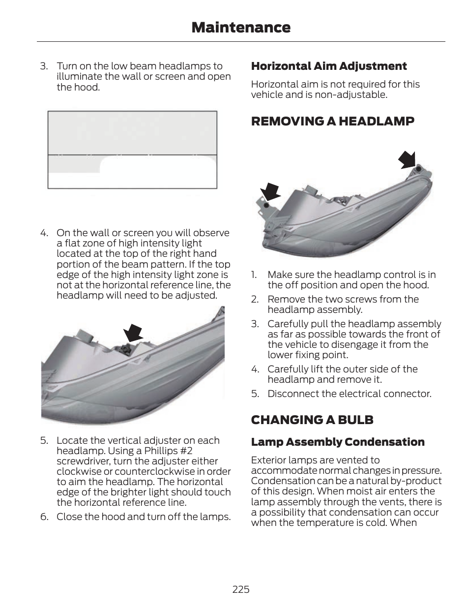 Maintenance, Removing a headlamp 2 2, Changing a bulb | FORD 2013 C-MAX Hybrid v.1 User Manual | Page 228 / 446