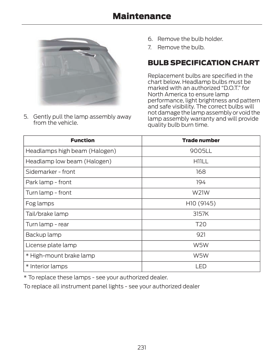 Maintenance, Bulb specification chart | FORD 2013 C-MAX Hybrid v.1 User Manual | Page 234 / 446