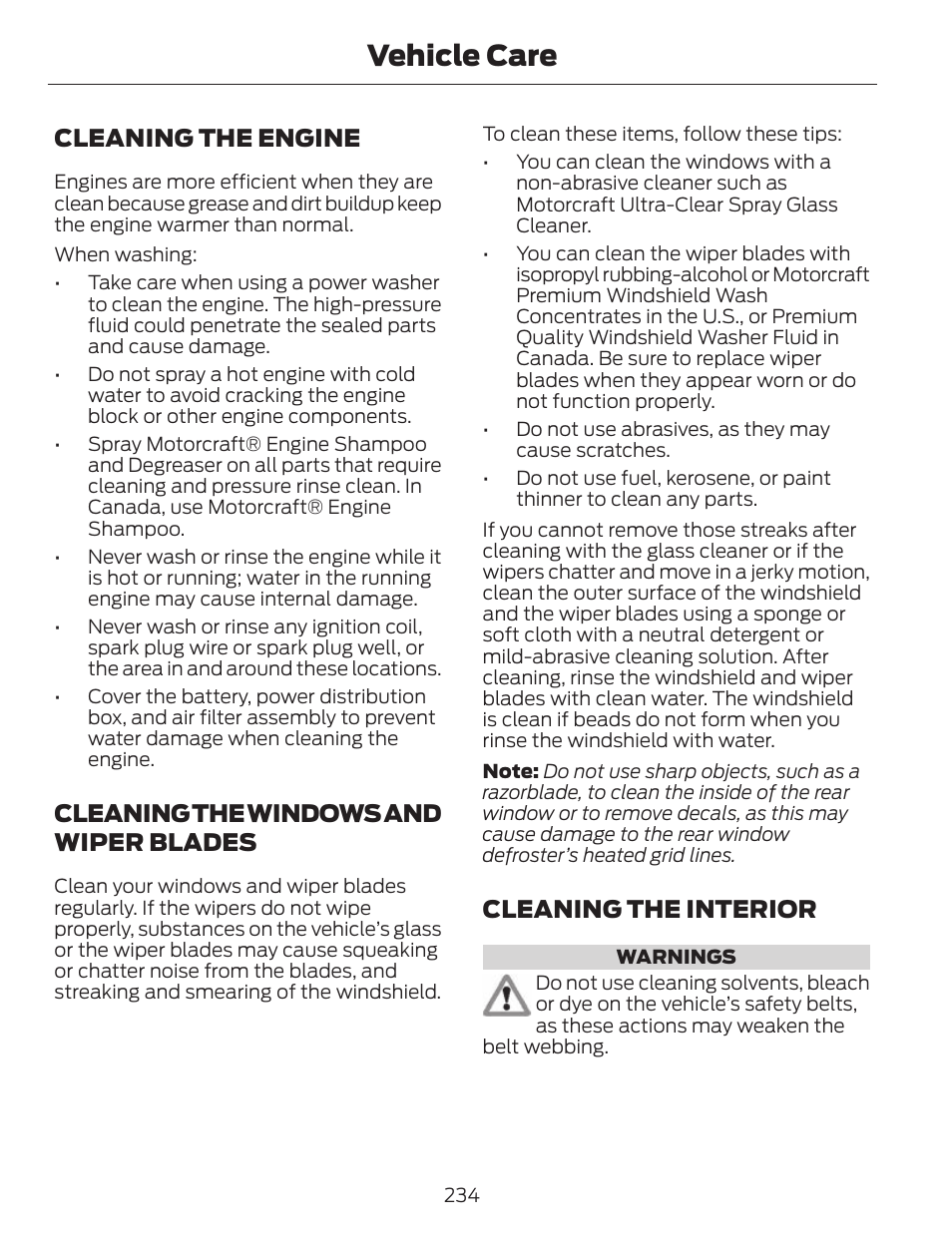 Vehicle care, Cleaning the engine, Cleaning the windows and wiper blades | Cleaning the interior | FORD 2013 C-MAX Hybrid v.1 User Manual | Page 237 / 446