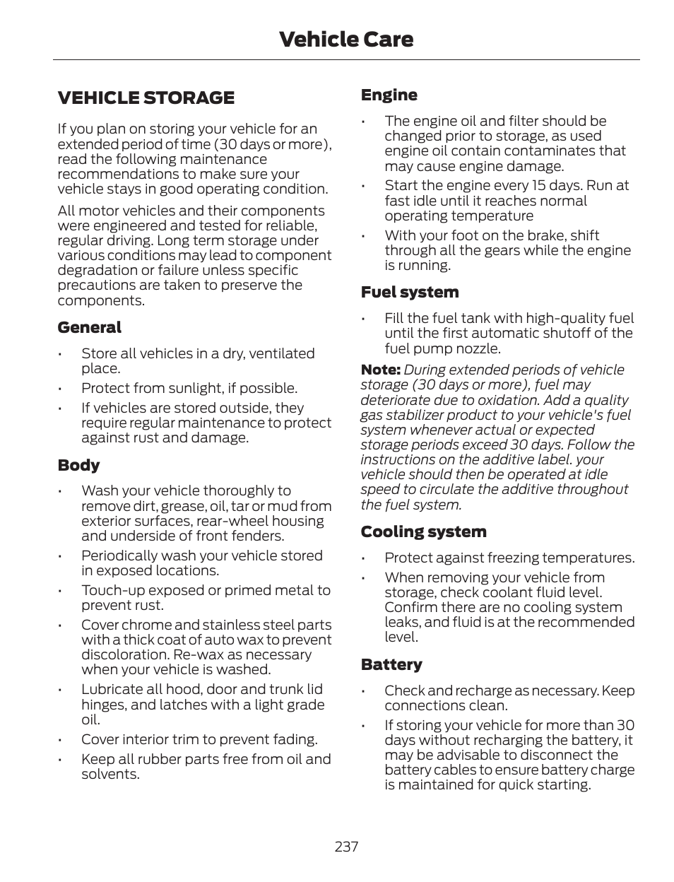Vehicle care, Vehicle storage | FORD 2013 C-MAX Hybrid v.1 User Manual | Page 240 / 446