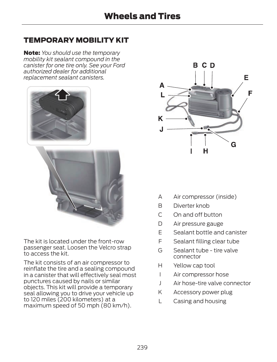 Wheels and tires, Temporary mobility kit | FORD 2013 C-MAX Hybrid v.1 User Manual | Page 242 / 446