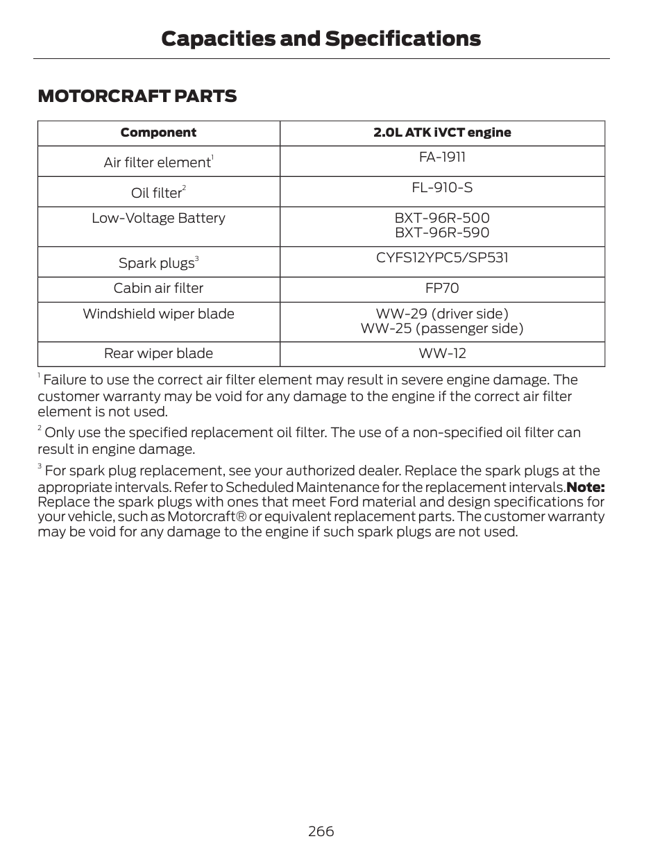 Capacities and specifications, Motorcraft parts | FORD 2013 C-MAX Hybrid v.1 User Manual | Page 269 / 446