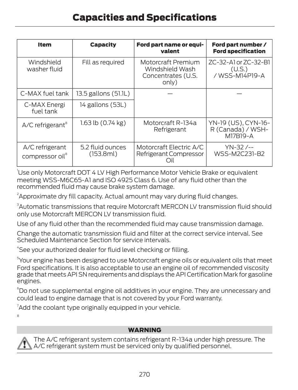 Capacities and specifications | FORD 2013 C-MAX Hybrid v.1 User Manual | Page 273 / 446