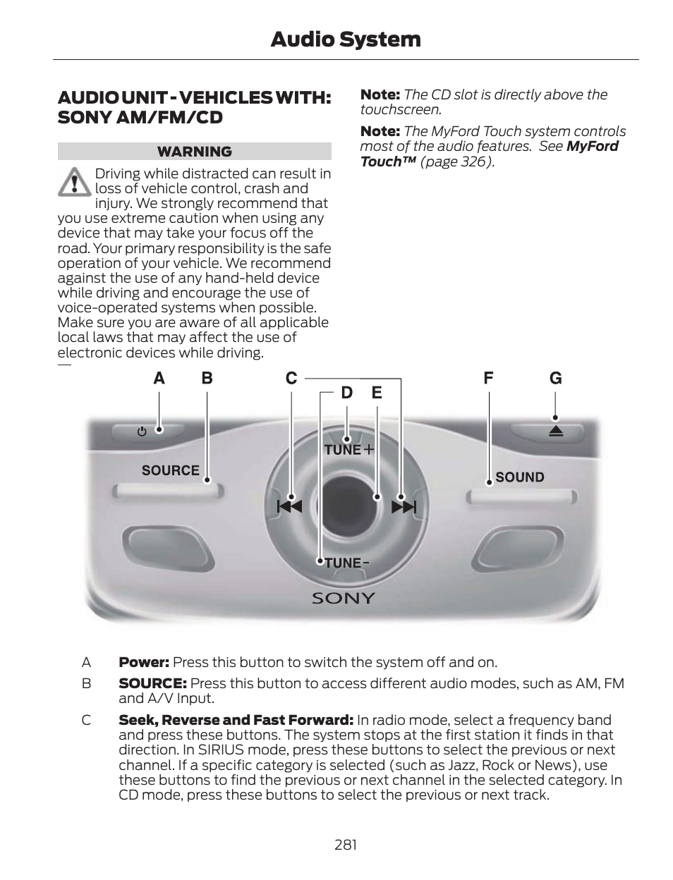 Audio system, Audio unit - vehicles with: sony am/fm/cd | FORD 2013 C-MAX Hybrid v.1 User Manual | Page 284 / 446