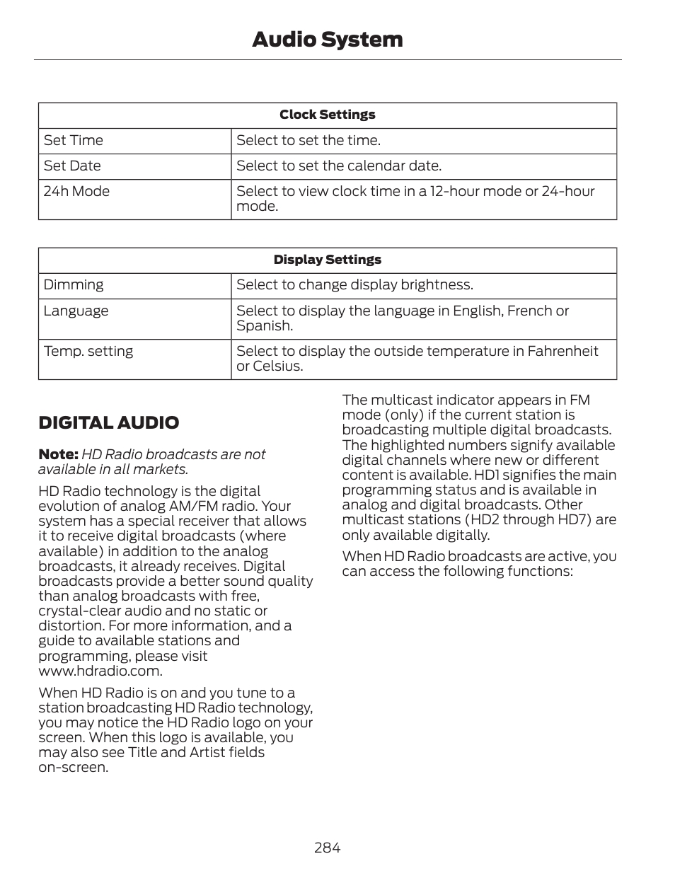 Audio system, Digital audio | FORD 2013 C-MAX Hybrid v.1 User Manual | Page 287 / 446