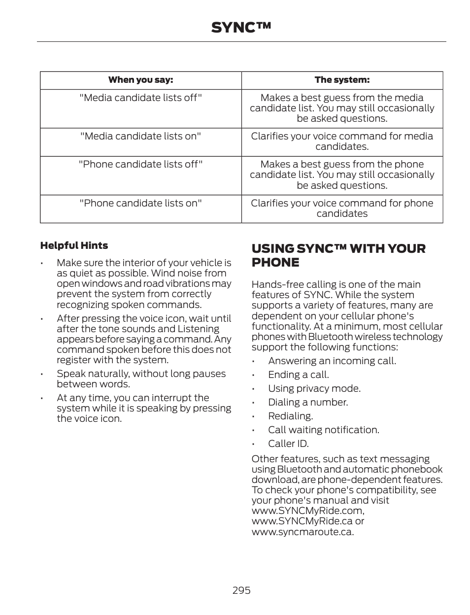 Sync, Using sync™ with your phone | FORD 2013 C-MAX Hybrid v.1 User Manual | Page 298 / 446
