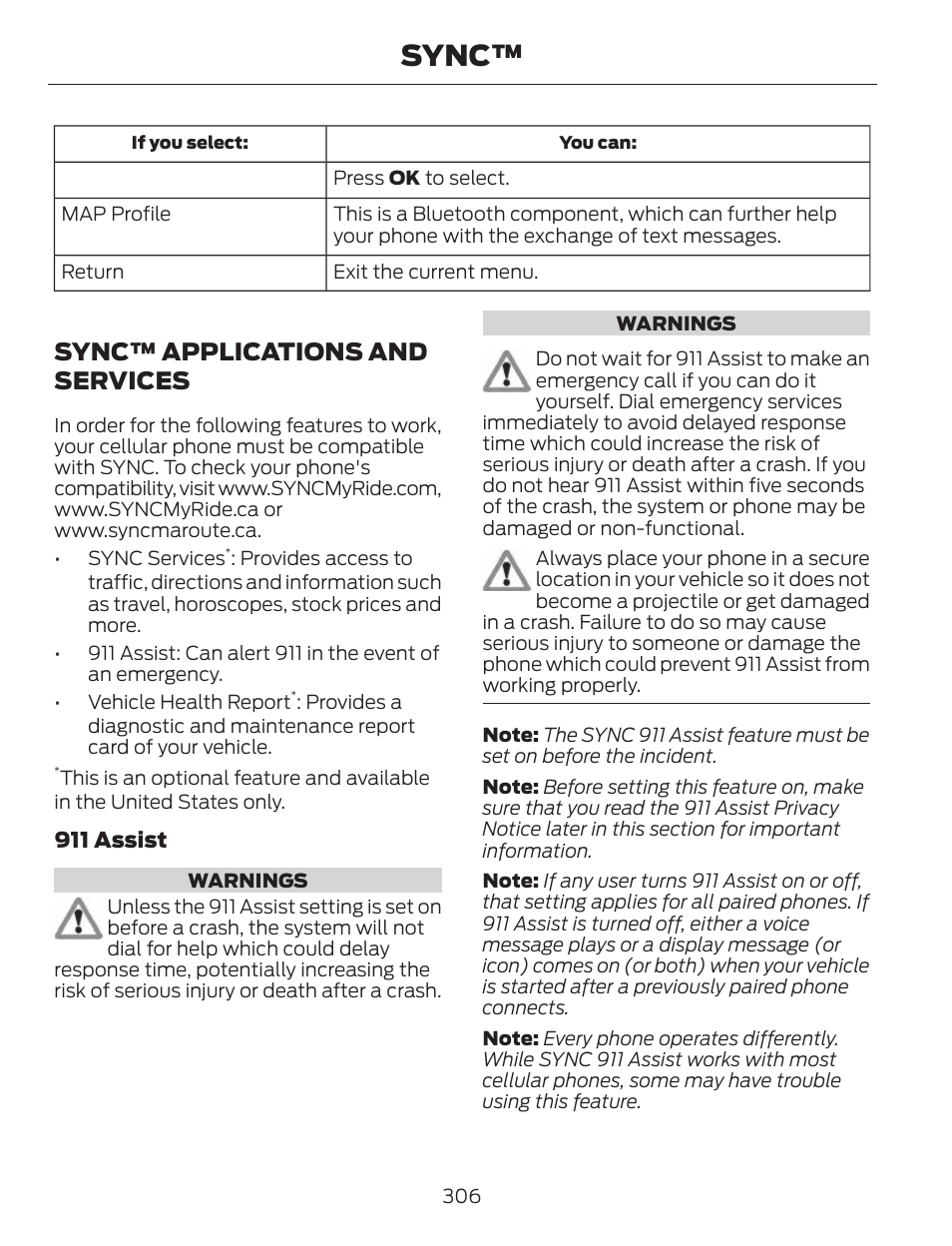 Sync, Sync™ applications and services | FORD 2013 C-MAX Hybrid v.1 User Manual | Page 309 / 446