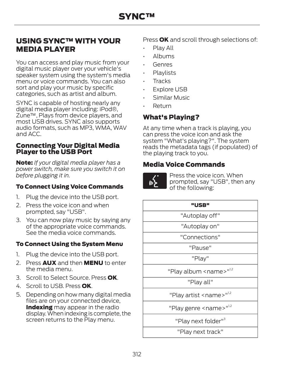 Sync, Using sync™ with your media player | FORD 2013 C-MAX Hybrid v.1 User Manual | Page 315 / 446