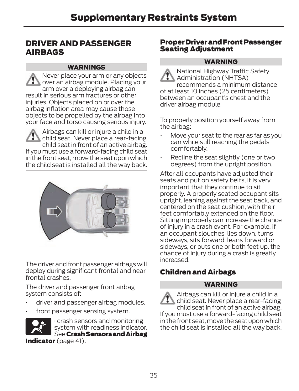 Supplementary restraints system, Driver and passenger airbags | FORD 2013 C-MAX Hybrid v.1 User Manual | Page 38 / 446