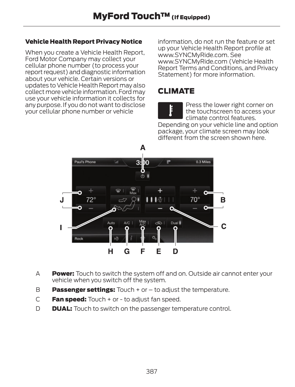 Myford touch, Climate | FORD 2013 C-MAX Hybrid v.1 User Manual | Page 390 / 446