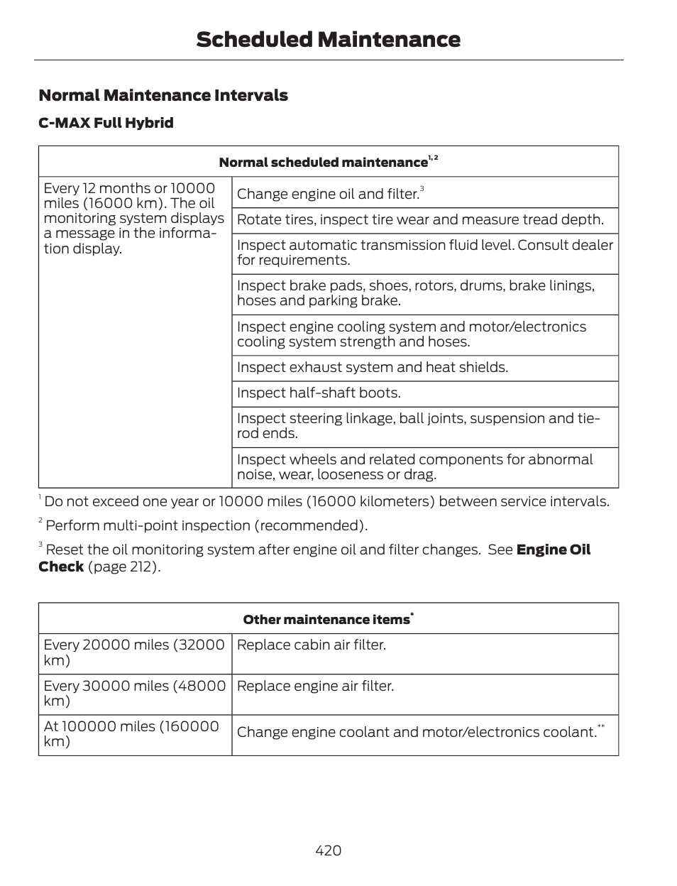 Scheduled maintenance, Normal maintenance intervals | FORD 2013 C-MAX Hybrid v.1 User Manual | Page 423 / 446