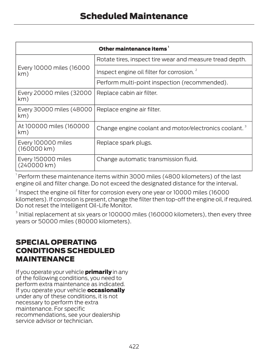 Scheduled maintenance, Special operating conditions scheduled maintenance | FORD 2013 C-MAX Hybrid v.1 User Manual | Page 425 / 446
